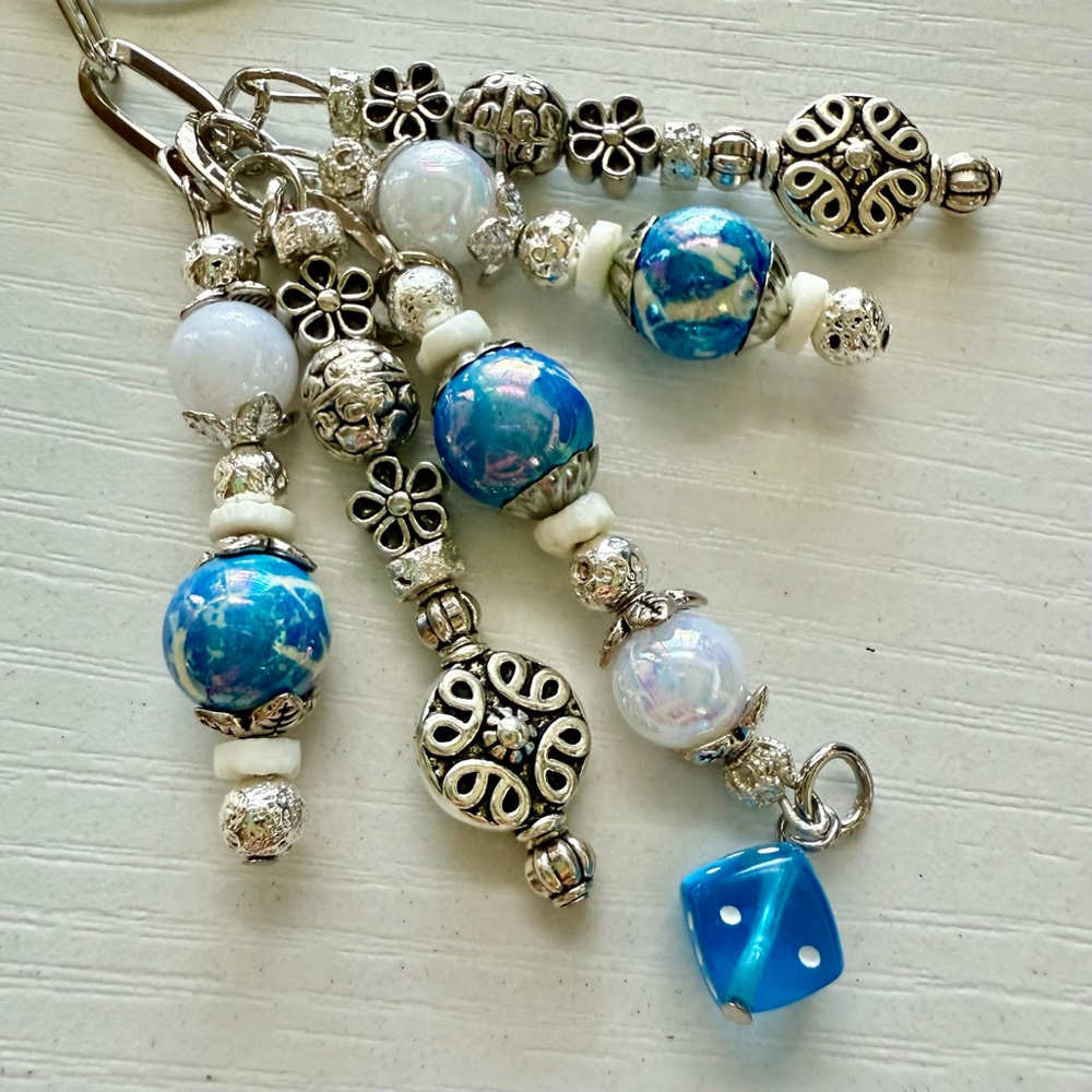 (34)Blue Dice #2 Handmade Bag Charm Keychain One of a Kind Crystal Accessory NWT